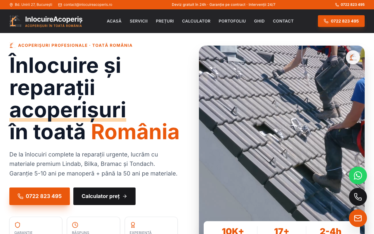 Site lead-gen pentru înlocuire acoperișuri — specializat pe sudul României, în continuă expansiune.