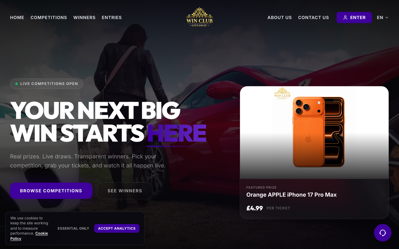 WinClub Giveaway — Landing page pentru giveaway-uri premium, cu focus pe participare.